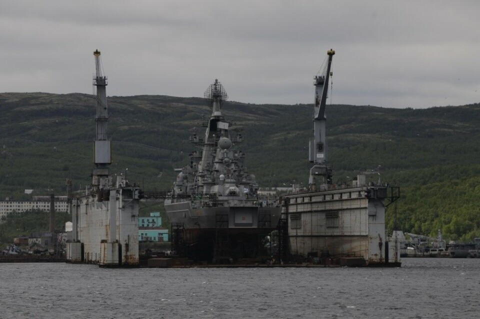 Nuclear powered heavy missile cruiser 'Pyotr Velikiy' in floating dock in Safonovo north of Murmansk. Photo: Thomas Nilsen