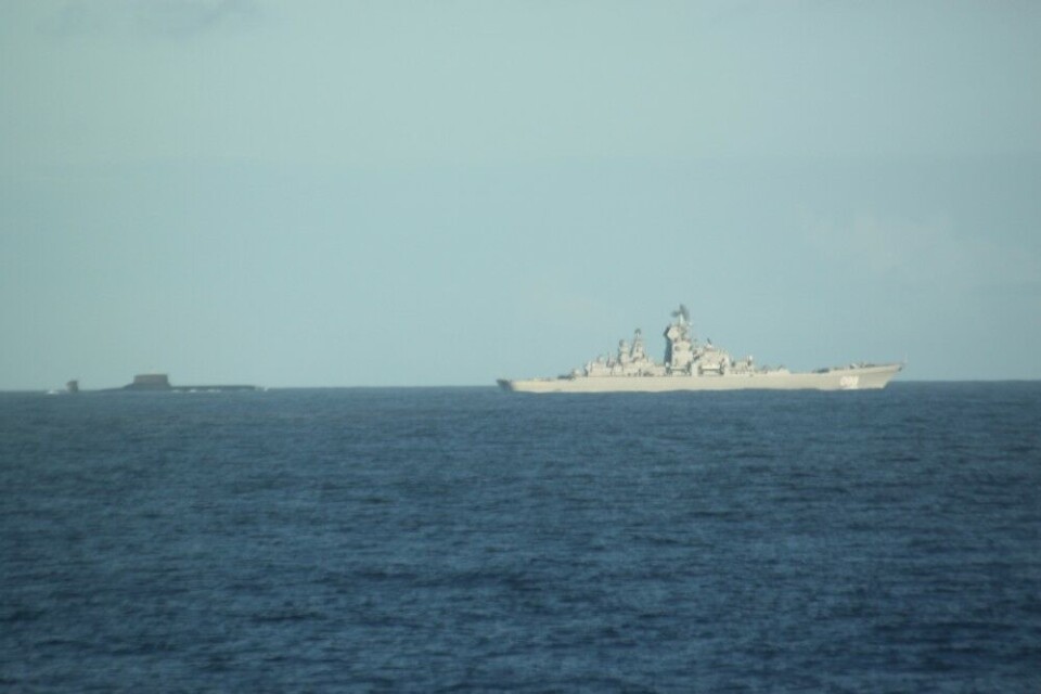 “Pyotr Velikiy” and “Dmitry Donskoy” sailing together outside the coast of Norway. Photo: K/V Sortland, Norwegian Coast Guard