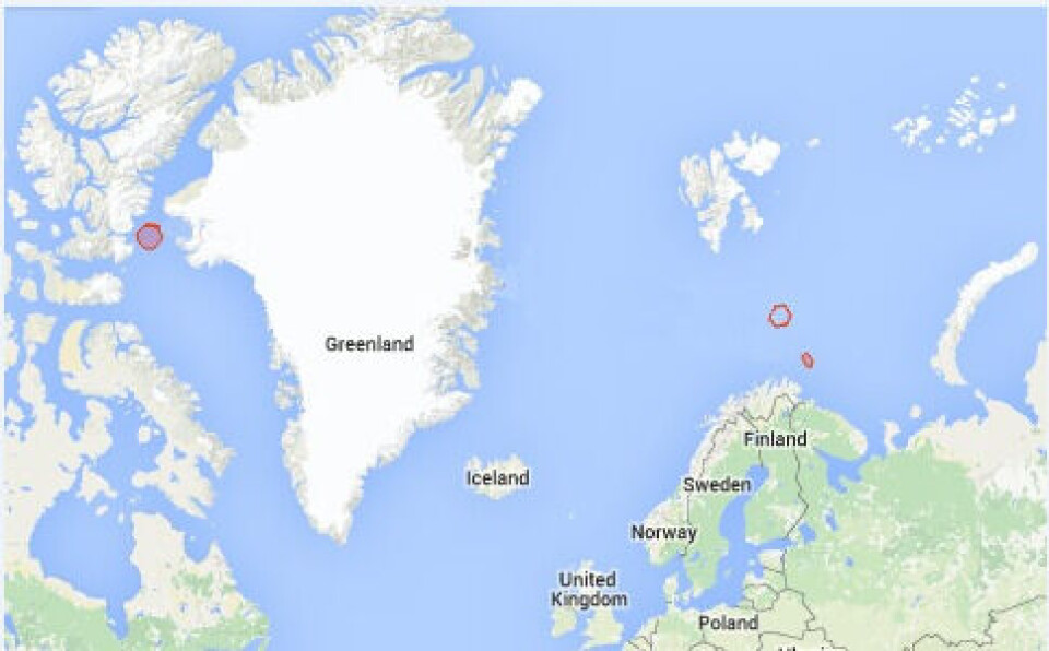 The red areas show where the booster and other rocket debris fell into the sea. Map by Norwegian Joint Headquarters