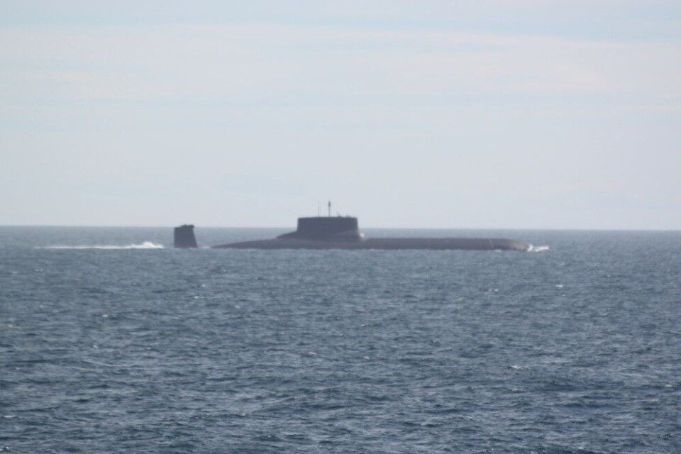 Typhoon-submarine “Dmitry Donskoy” sailing in surface position outside the coast of Norway. Photo: K/V Sortland, Norwegian Coast Guard