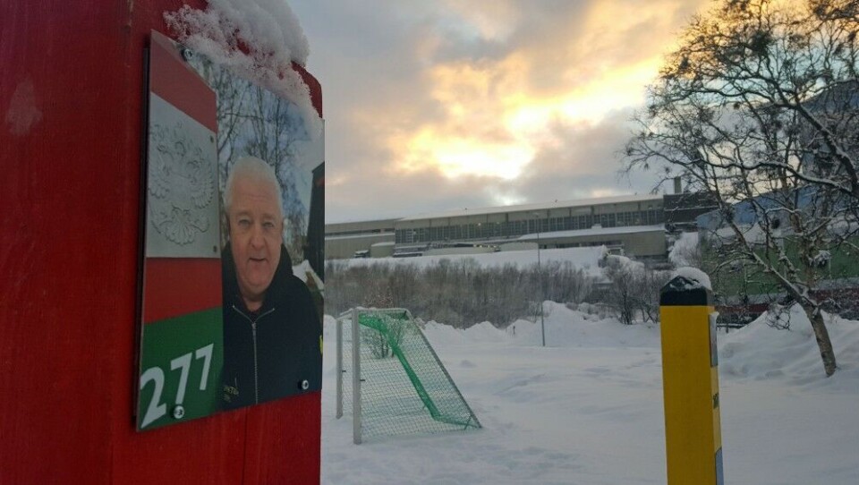 In Kirkenes, the hometown of Frode Berg near Norway's border to Russia, is portraits of the spy-accused pensioner displayed on border poles as part of an street art exhibition. Photo: Thomas Nilsen