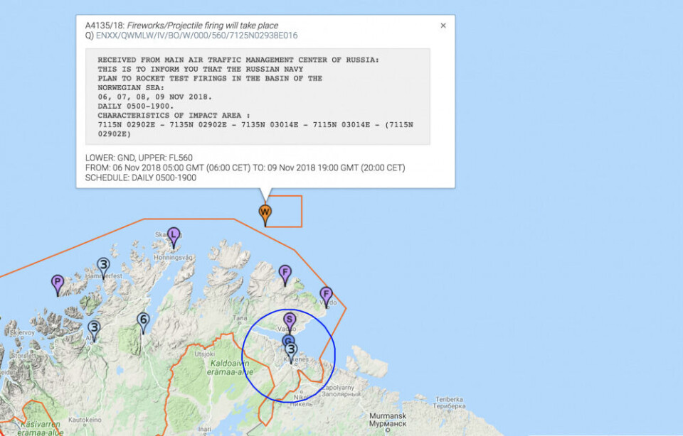 Screenshot of NOTAM warnings for Barents Sea