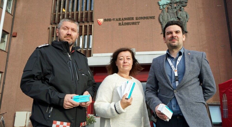 The emergency preparedness team in Kirkenes, in the northeast corner of Norway, is ready to act within minutes to distribute iodine pills to everyone under the age of 18 in case of radiation alarm. From left, Chief of fire-brigade Henrik Haldorsen, Acting local medical officer Drude Bratlien and Office Manager Magnus Mæland with Sør-Varanger municipality. Photo: Thomas Nilsen