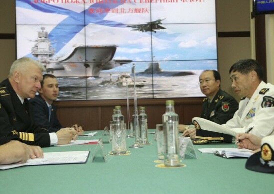 Vice-Admiral Shen Jinlong is commander of the Chinese People's Liberation Army Navy. Here in meeting with commander of the Russian Northern Fleet, Vice-Admiral Nikolay Yevmenov. Photo: Northern Fleet