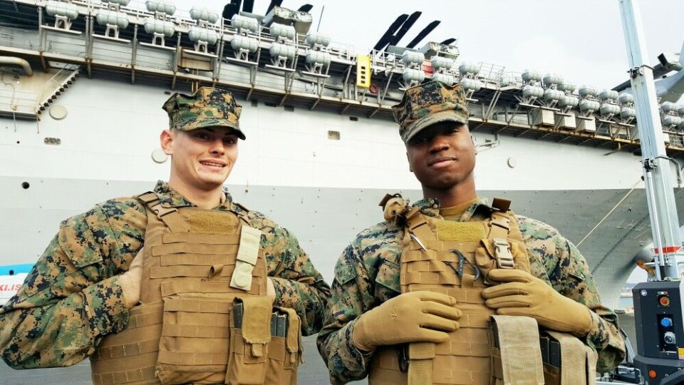 US Marines guarding the amphibious assault ship USS Iwo Jima ahead of Trident Juncture. Photo: Thomas Nilsen