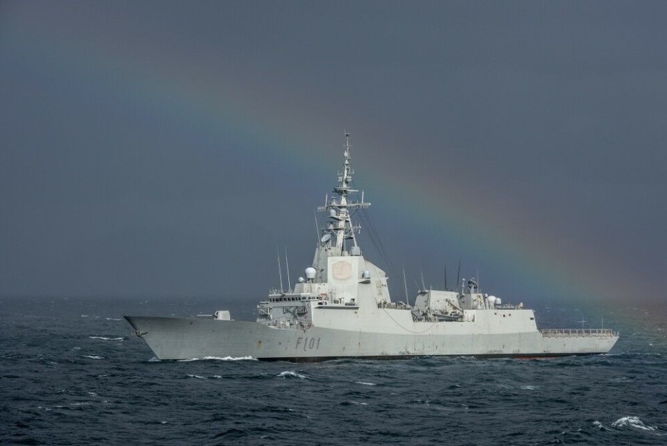 Spanish frigate ESPS Alvaro de Bazan (front) sails in the Norwegian fjords during Dynamic Mongoose 18. NATO Photo by FRA N WO Christian Valverde