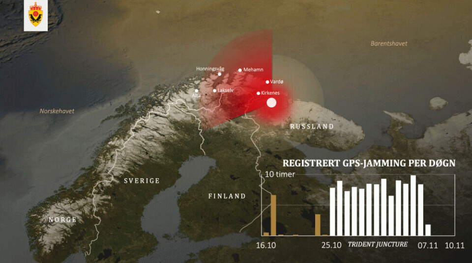 Jamming of GPS signals in the period during NATO exercise Trident Juncture, 2018. Map-illustration: Norwegian Intelligence Service