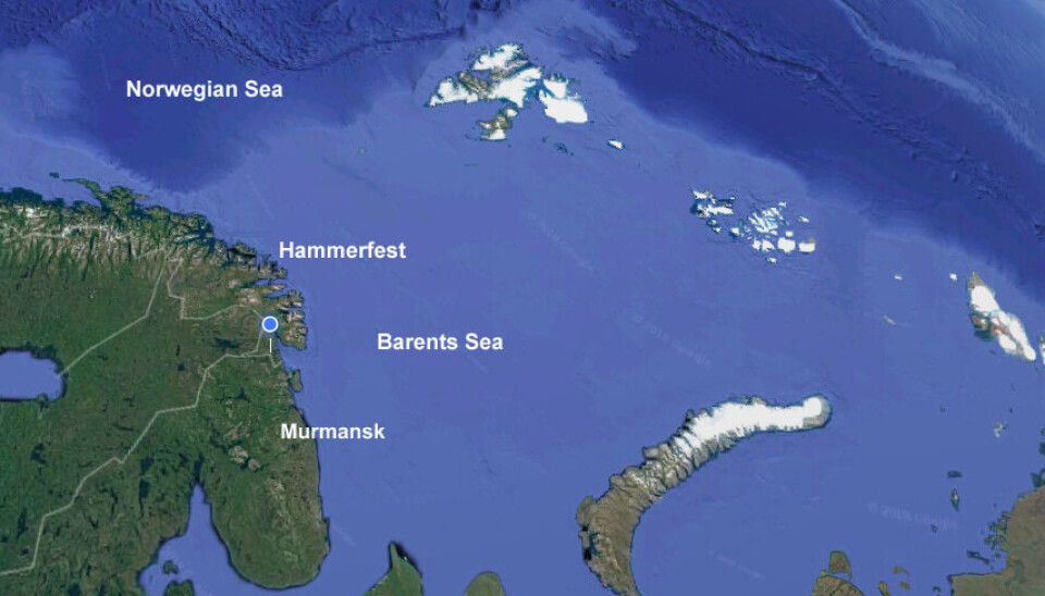 The dark blue area shows where waters are deeper. Map: Google / Barents Observer