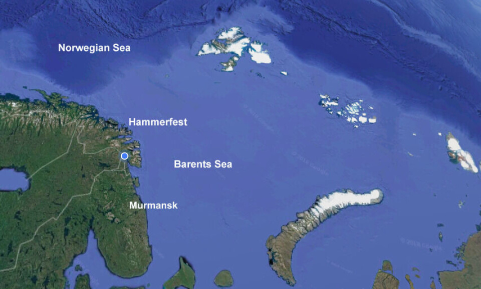 The dark blue area shows where waters are deeper. Map: Google / Barents Observer