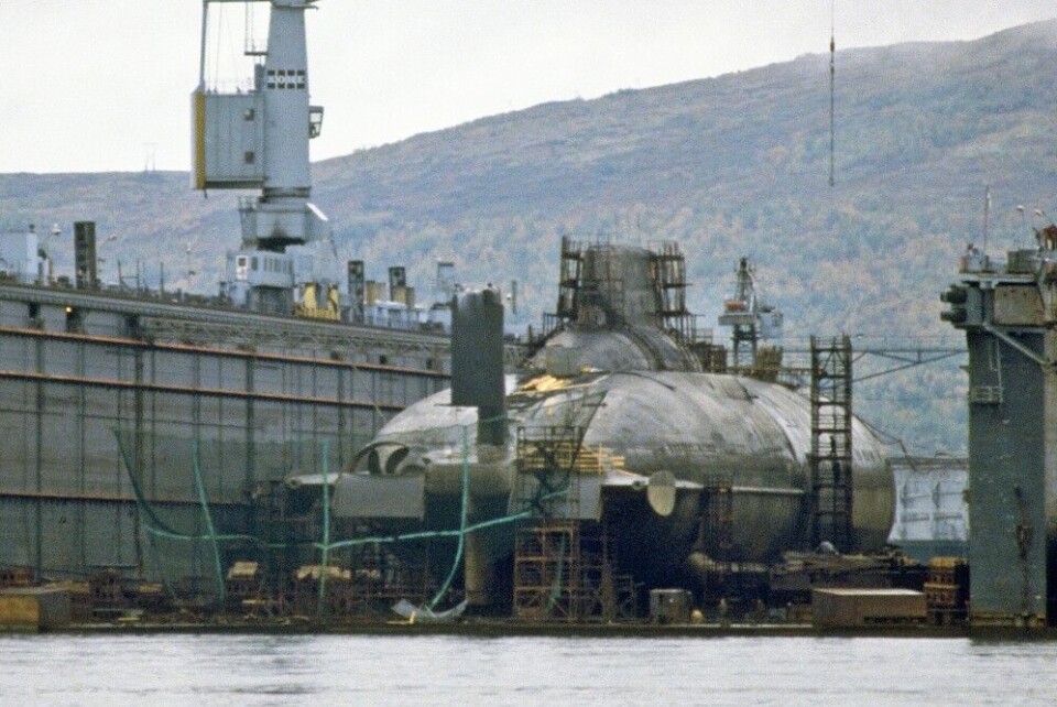 This Typhoon submarine in a floating dock north of Murmansk is shorter than Russia's new 'Belgorod' special purpose submarine to be commissioned next year. Photo: Thomas Nilsen