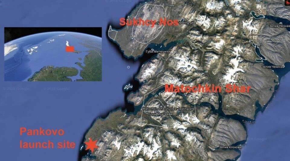 Pankovo launch site is south of the Matochkin Shar at Novaya Zemlya in the Barents Sea. Map: Google Earth / Barents Observer
