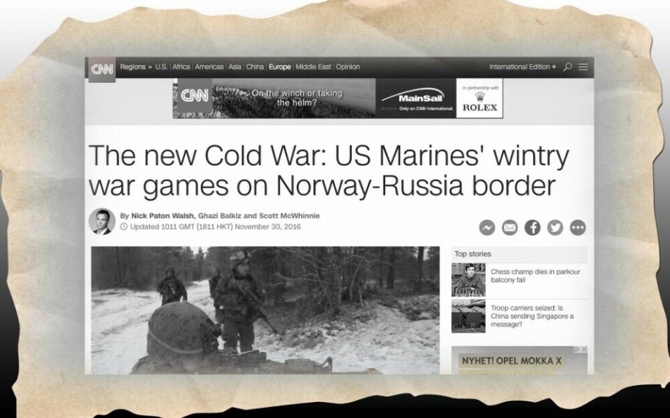 Screenshot of the CNN web article from November 30 claiming US Marines train on Norway's border to Russia. The headline was changed a day after.