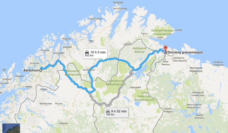 Around 800 km, if taking the shortcut through Finnish Lapland. It takes a while to drive a tank that road. Source: Google maps