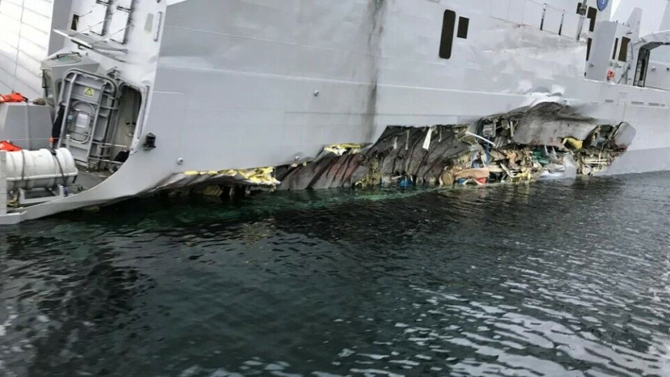 Highly visible damages on the hull of the frigate. Photo: Norwegian Defense / forsvaret.no