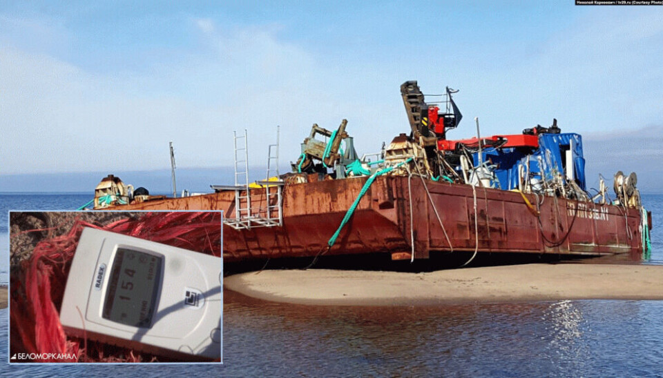 A wreaked blue Rosatom container on the barge where an explosion happened in 2019 during recovery of a Bruevestnik missile. The barge was towed to shore just west of Nenoksa test site on the coast to the White Sea. The barge become radioactive contaminated.