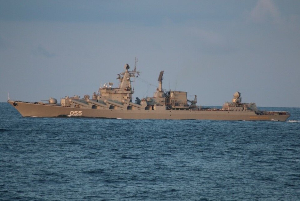 The missile cruiser 'Marshal Ustinov' sailing north outside the coast of Norway. Photo: The Norwegian Coast Guard