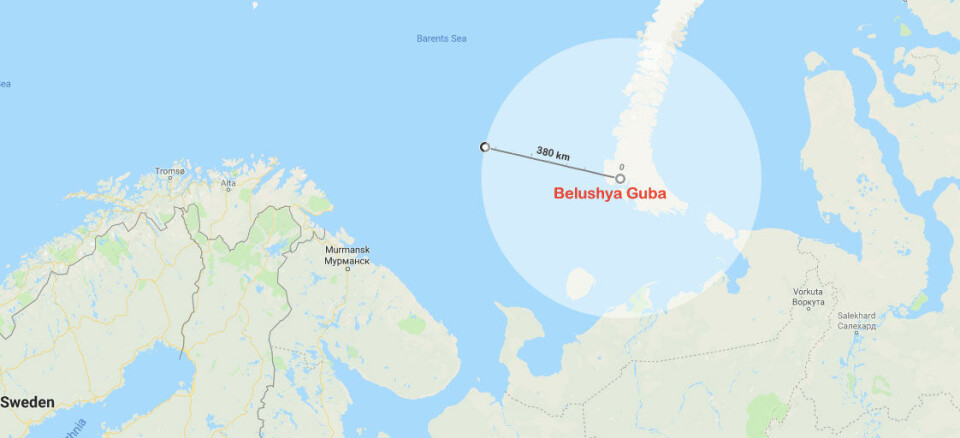 The map shows the 380 km range of the new S-400 missiles. Map: Google / The Barents Observer