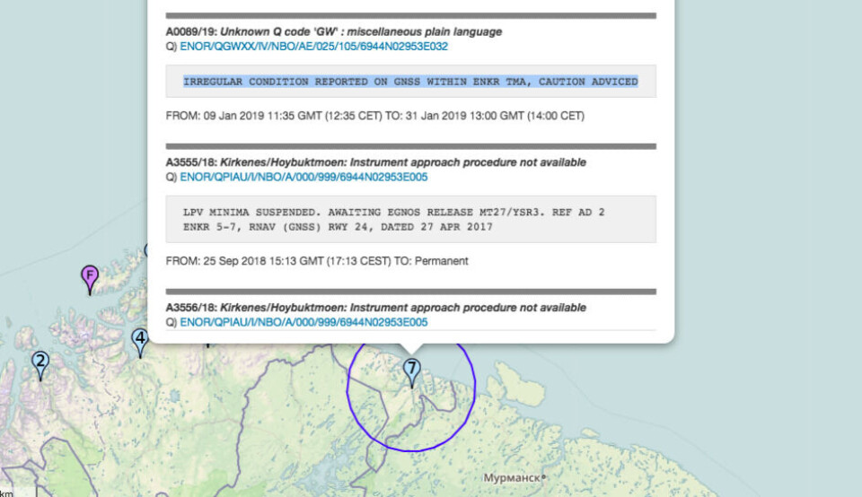 Screenshot of the NOTAM warning issued by the Norwegian Aviation Authority.