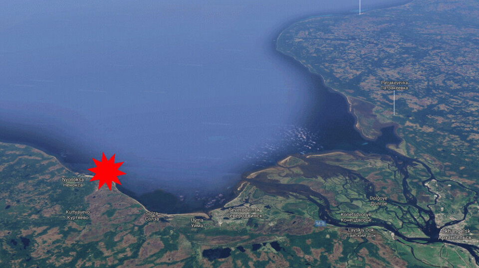 The weapons testing facility in Nyonoksa on the coast to the White Sea is located some 25 km west of Severodvinsk. Map: Barents Observer / Google maps