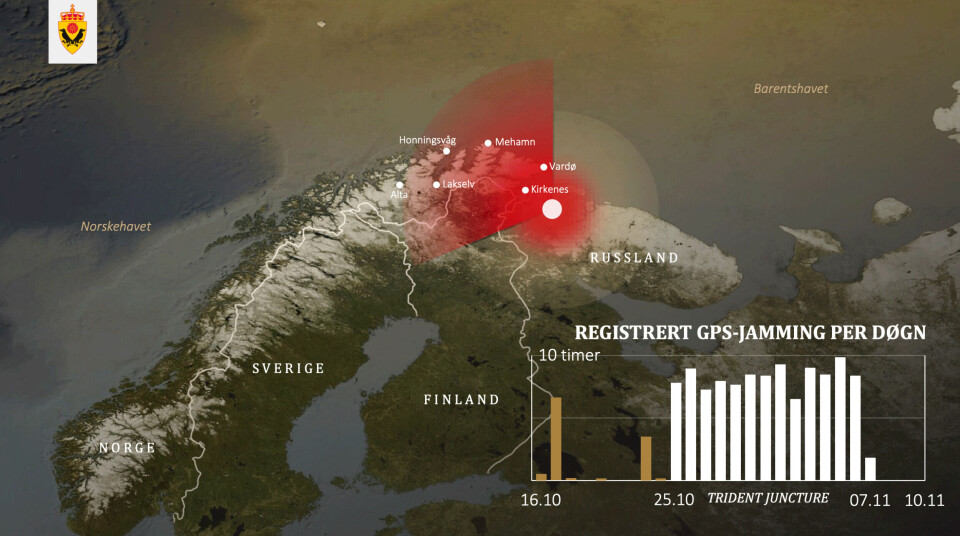 Jamming of GPS signals in the period during NATO exercise Trident Juncture, 2018. Map-illustration: Norwegian Intelligence Service