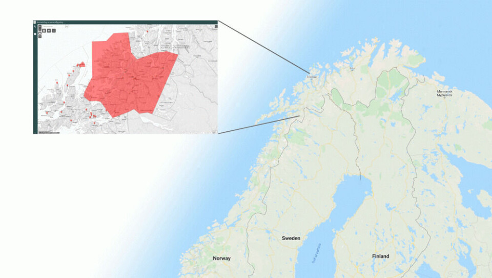 The red area shows where no drones can be used in the period from February 24 to March 24. Map: Barents Observer / NSM / Google