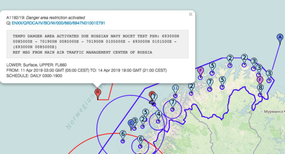 A NOTAM (Notice to Airmen) is issued by the Russian Air Traffic Service for an area in the Norwegian Sea west of Lofoten Islands for the period April 11 to 14.