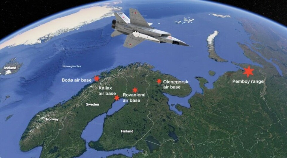 При запуске с МиГ-31К, дислоцированных в Оленегорске, ракета «Кинжал» способна поразить три авиабазы на севере Европы: в норвежском Будё, шведском Каллаксе и финском Рованиеми. Во время испытательного пуска в ноябре ракета направилась в сторону полигона Пембой под Воркутой в Республике Коми. Карта: Barents Observer / Google Планета Земля