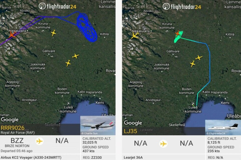 Fighter jets are normally not visible on Flightradar, but other military aircraft could be seen, like this two flying surveillance over northern Sweden. Screenshots from Flightradar24.com / Barents Observer