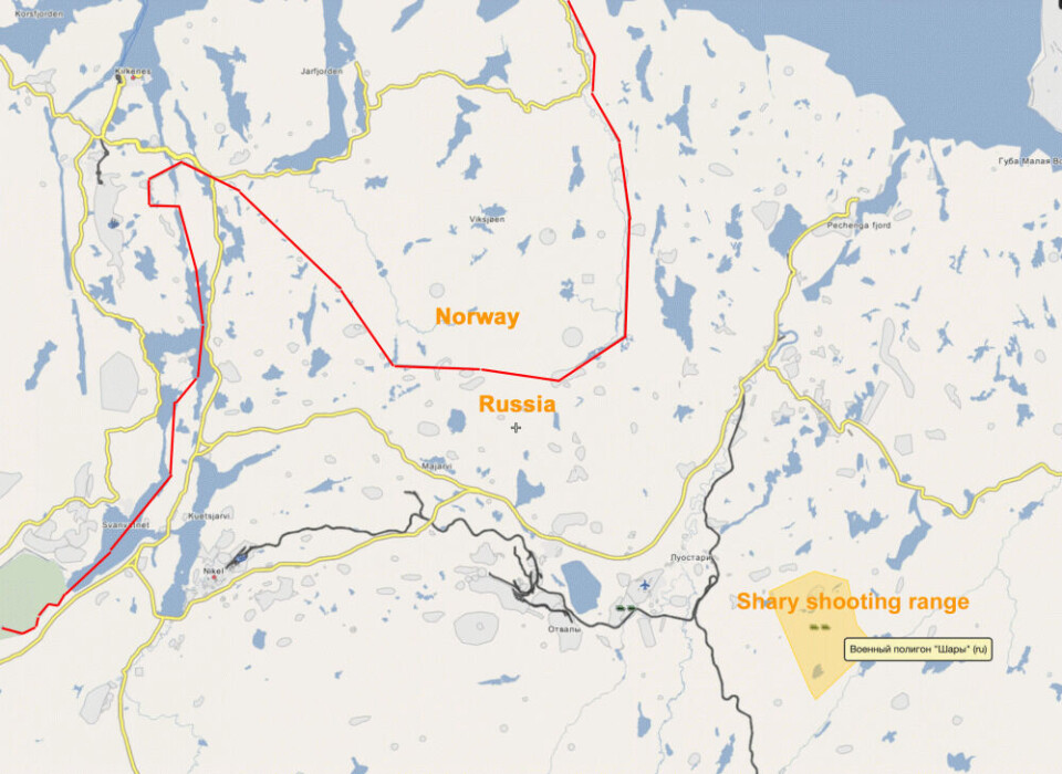 Shary shooing range for tanks in the Pechenga valley is about 20 kilometers from Russia’s border to Norway. Map: Wikimapia / Barents Observer
