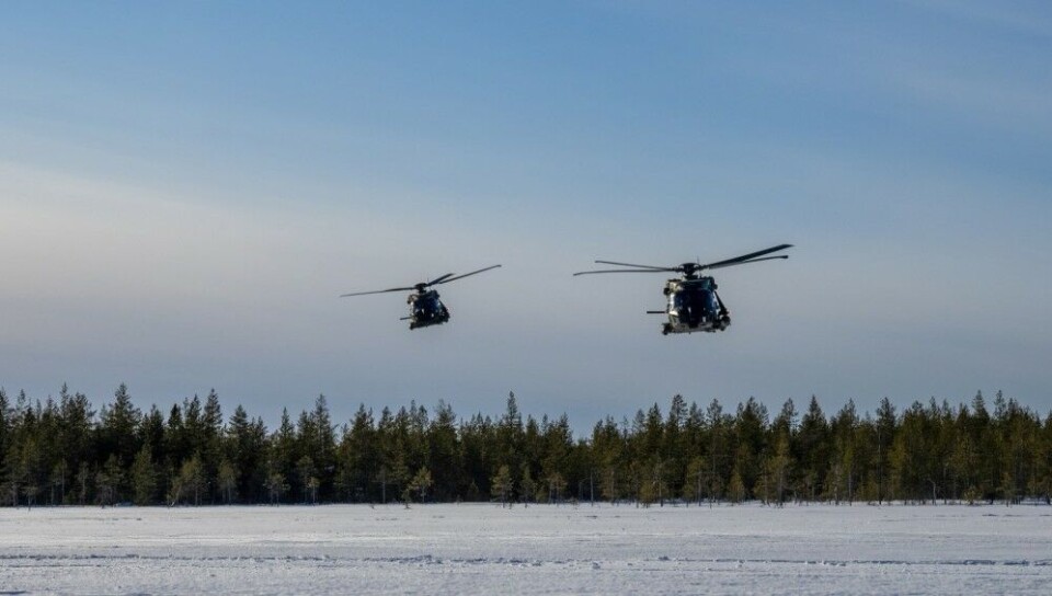 Military helicopters from Finland and Sweden are training tactical flying. Photo: Utti Jaeger Regiment