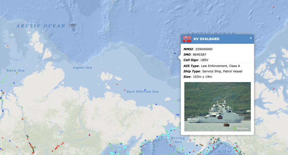KV Svalbard was on October 30 sailing in the northern parts of the East Siberian Sea towards the Beaufort Sea. Screenshot from exactEarth Shipview