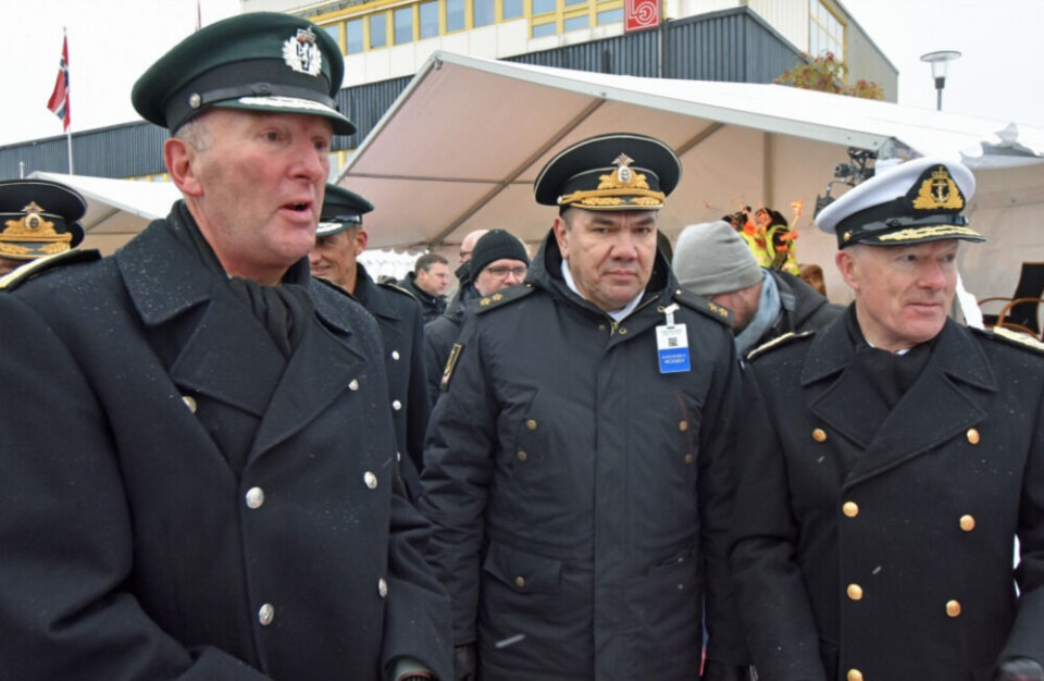 Commander at the Russian Northern Fleet, Vice-Admiral Aleksandr Moiseyev (middle) visited Kirkenes last October. Here together with Chief of the Norwegian Joint Headquarters, Major General Rune Jakobsen (left) and Norway's Chief of Defense Admiral Haakon Bruun-Hanssen (right).