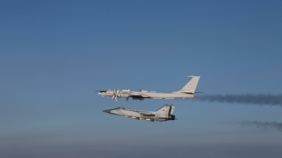 These Russian planes, a Tu-142 and a MiG-31, were photographed outside Norwegian air space on Saturday, March 7th. Photo: Norwegian Air Force