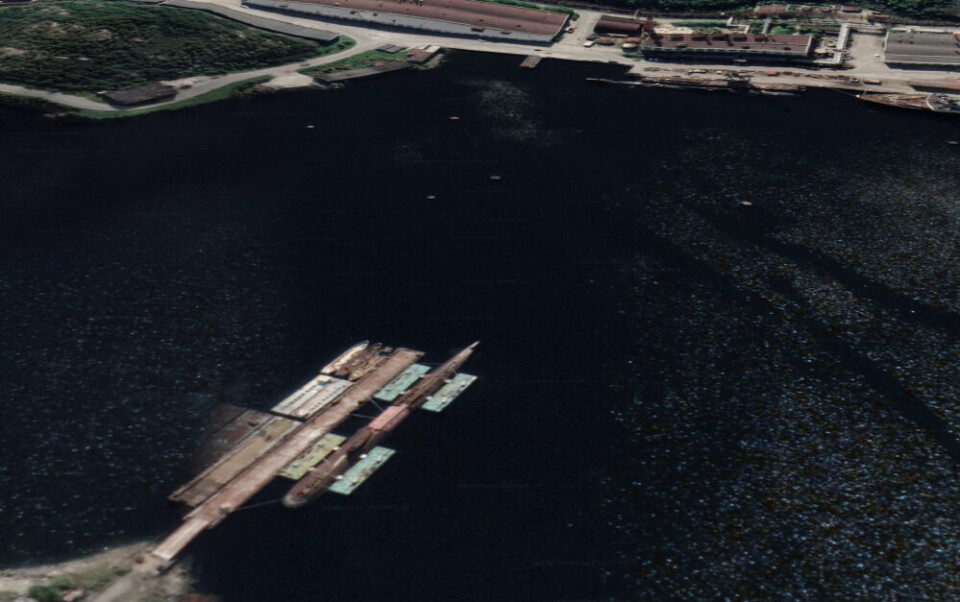 The K-3 is today moored at a pier at the Nerpa shipyard north of Murmansk. Image from Google Earth