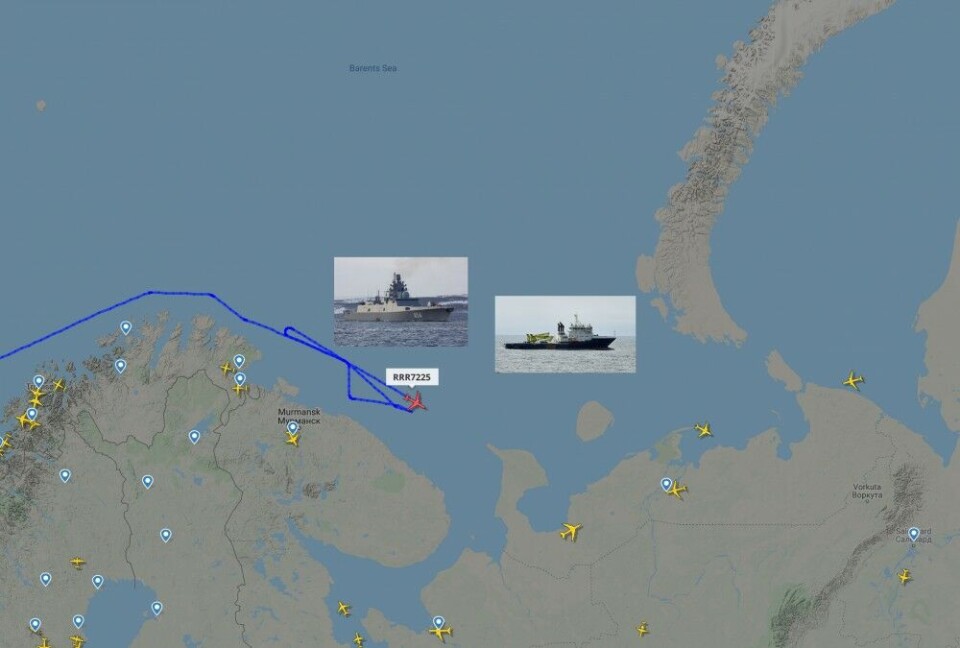 A British RC-135W reconnaissance aircraft was Thursday afternoon circling near the Russian frigate 'Admiral Gorskhov' outside the Kola Peninsula. Map: Barents Observer / FlightRadar24