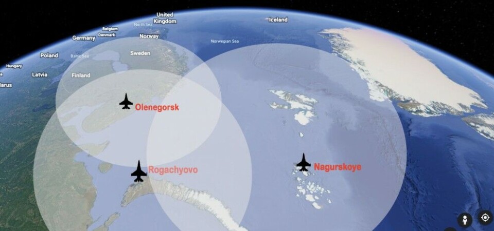 The circles show the approximately combined range of the Kinzhal missile if launched by a MiG-31K from the three west-Arctic airfields of Olenegorsk, Nagurskoye and Rogachyovo. The 1,200 km circles varies in size since this map is unproportional. Map: Barents Observer / Google Earth