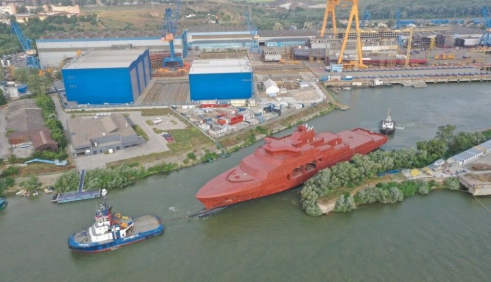 The first hull is now being towed to Norway from the yard in Romania. Photo: Norwegian Coast Guard