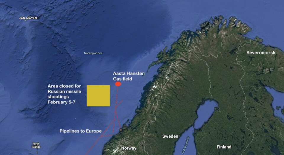 The announced Russian navy missile shootings will take place in vicinity to Norway’s natural gas field Aasta Hansten. Map: Barents Observer / Google Earth