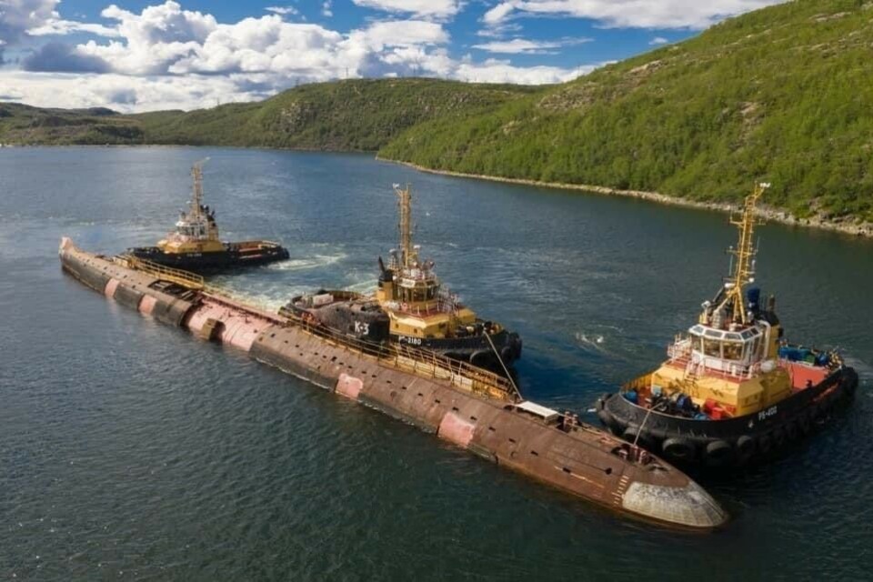 The K-3 was in late July released from the pier at Nerpa shipyard on the Kola Peninsula and will soon be taken into a floating dock for transportation. Photo: Aleksandr Merkushev