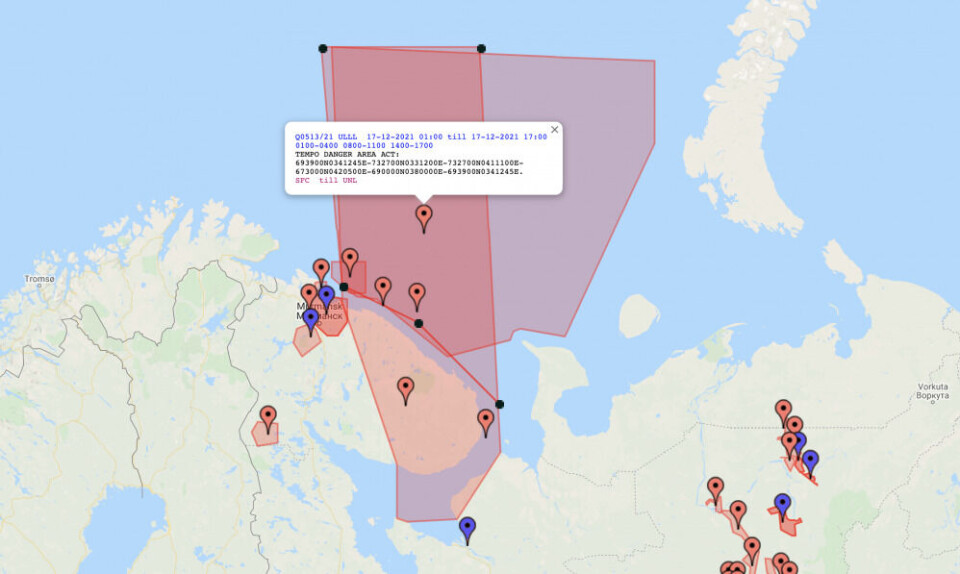 With warnings issued for December 17th to civilian aviation for areas in the White Sea, the Barents Sea and over the eastern parts of the Kola Peninsula could indicate a Tsirkon missile launch from the White Sea towards a target in the Barents Sea. Map: NotamMap.net / Barents Observer