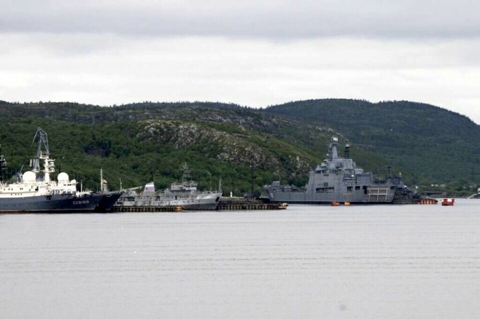 Okolnaya port facilities north of Severomorsk in the Kola Bay is the largest weapon storage facility of the Northern fleet. The bunkers and other storage sites are above the hillside. Photo: Thomas Nilsen