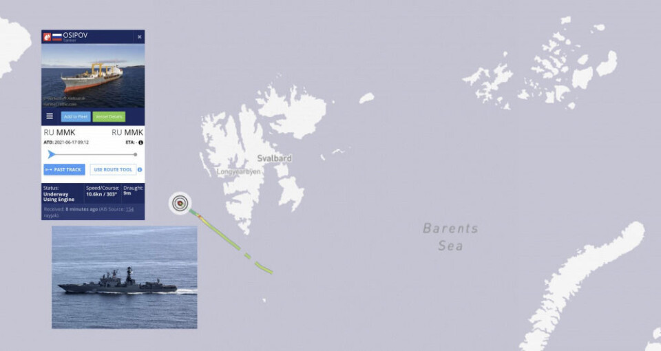 The Northern Fleet tanker 'Sergei Osipov' sails together with the anti-submarine warship 'Severomorsk' and likely the rescue tugboat 'Pamir'. Wednesday morning, the vessels sail in direction northwest into the Greenland Sea, west of the island of Spitsbergen. Map: Barents Observer / MarineTraffic.com