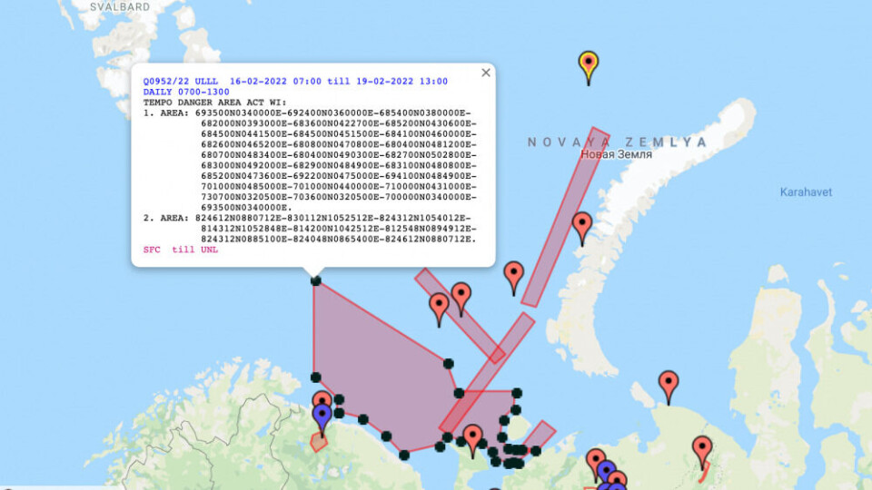 The largest area with aviation danger warning, issued for February 16-19, stretches into Norwegian Exclusive Economic Zone in the Barents Sea North of the Varanger Peninsula. Screenshot from Notammap.net