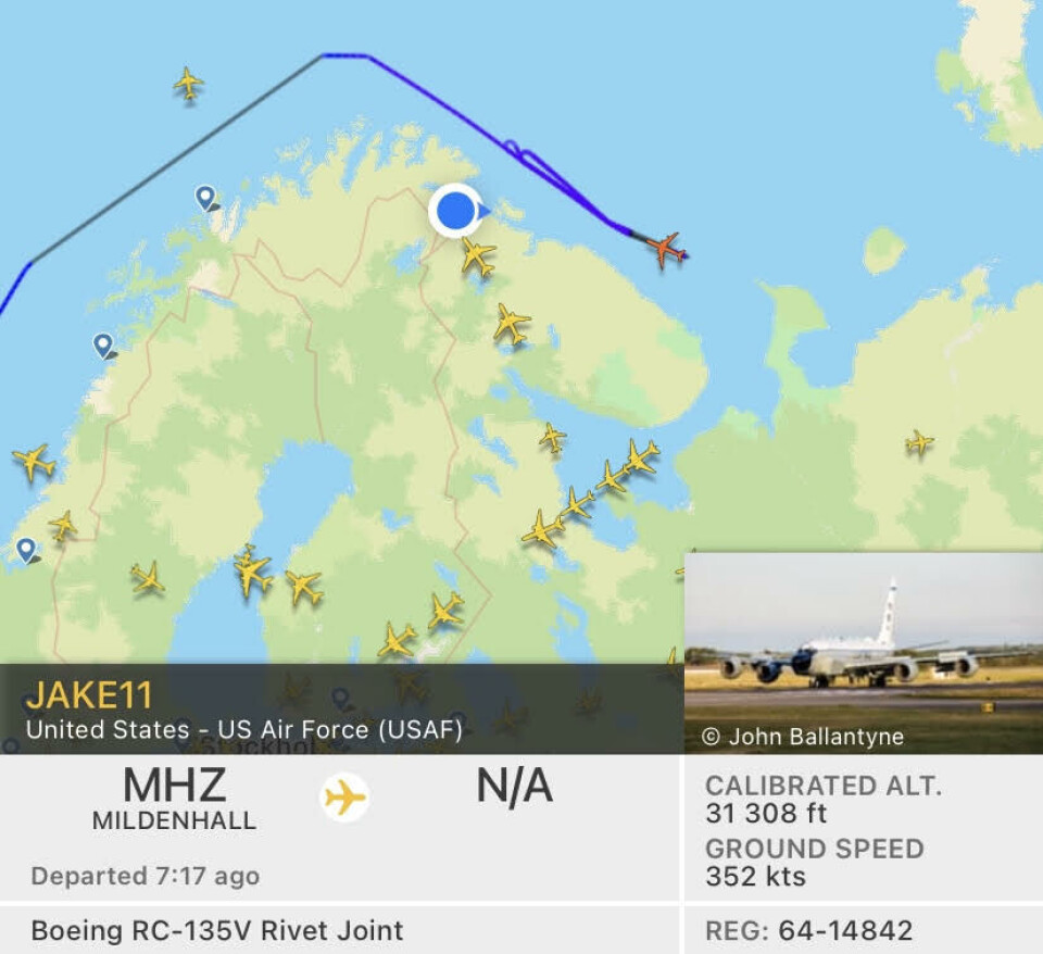 The RC-135 spy-plane flying outside the Russian Northern Fleet’s home bases on the coast to the Barents Sea during the daytime on October 27. Screenshot from FlightRadar24.com
