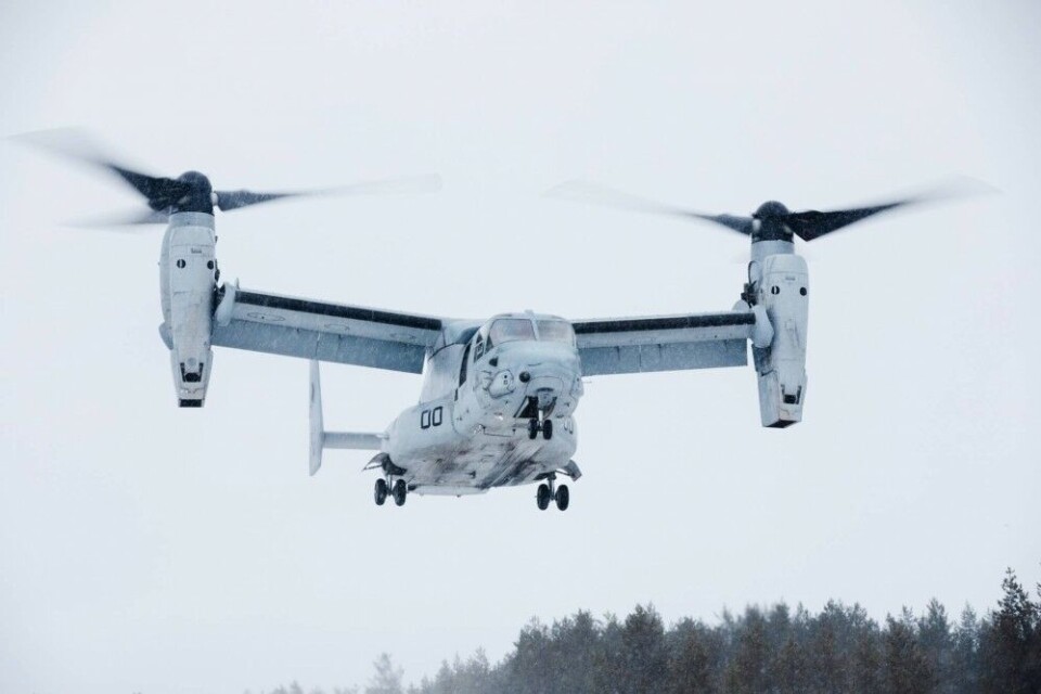 US Marine Osprey is a tiltrotor aircraft with both vertical takeoff and landing, but in the air can fly as a turboprop plane. Photo: Norwegian Armed Forces