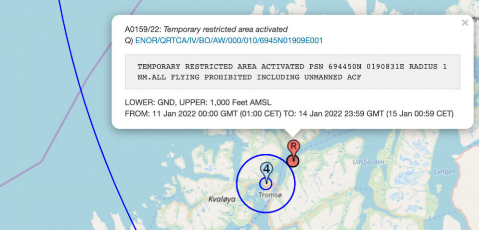 No-fly zone activated to January 14 over Grøtsund. Screenshot from Notaminfo.com