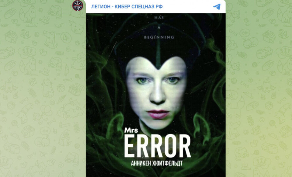 The announcement was framed with an altered photo of Norway's Foreign Minister making her look like the evil Malificent in the Disney movie. Screenshot from Killnet on Telegram
