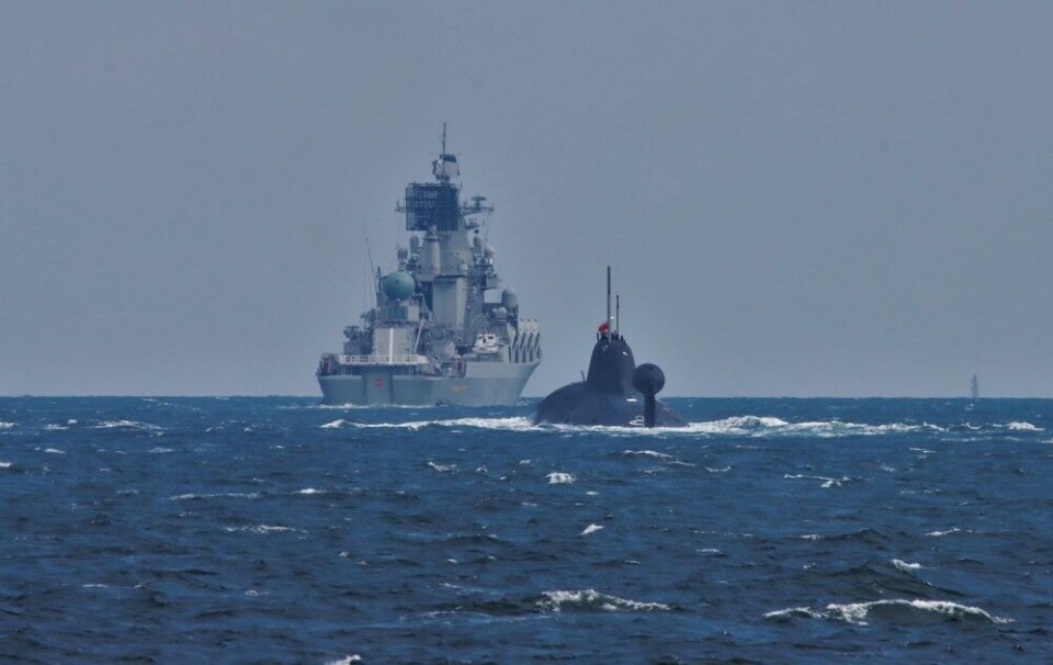 Russian warship “Marshal Ustinov” and the nuclear-powered Akula-class “Vepr”. Photo: Royal Danish Navy / 3. Eskadre