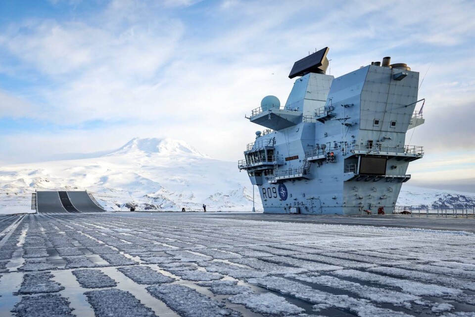 Jan Mayen’s highest summit, the Beerenberg volcano and the surrounding glacier, seen from the flight deck of the British aircraft carrier. Photo: Royal Navy