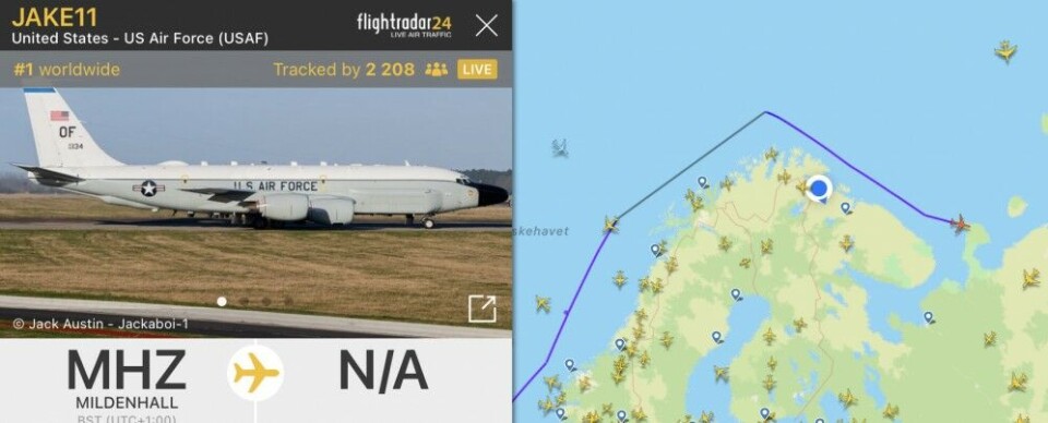 On Tuesday, a U.S. Air Force RC-135 was flying the same route as the British plane flew on Monday. Screenshot from FlightRadar.24.com